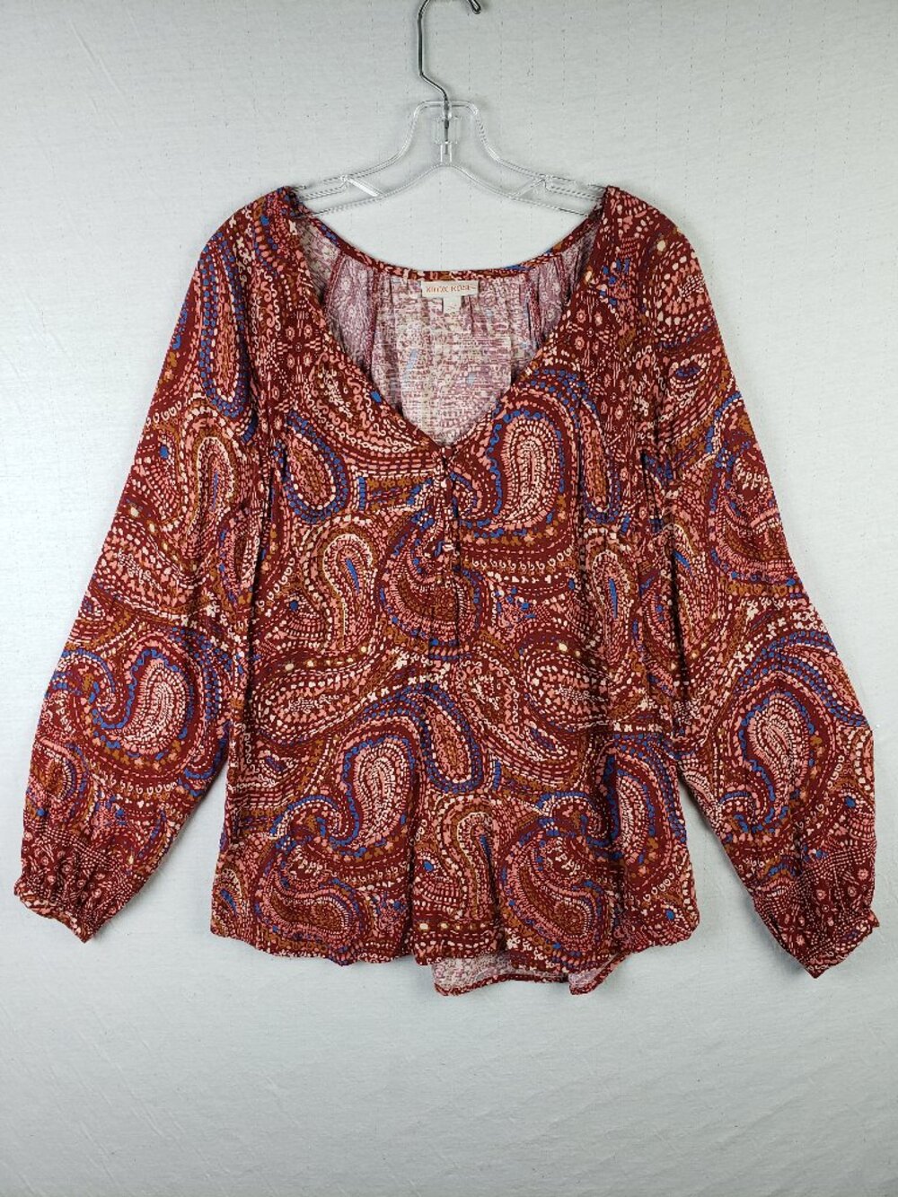 KNOX ROSE Blouse Top Tunic Paisley Print Peasant Bohemian 100% Rayon Size L